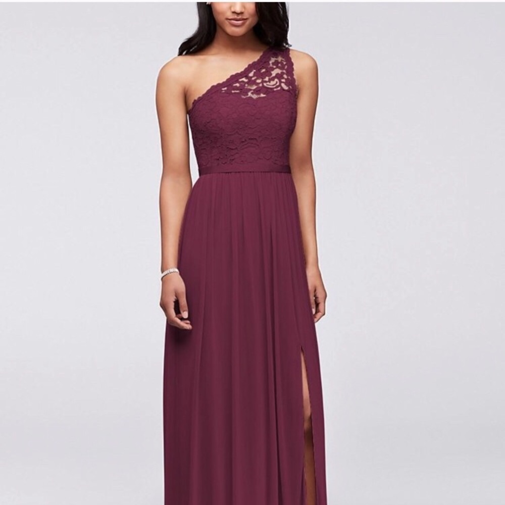 Lace one shoulder wine bridesmaid dress